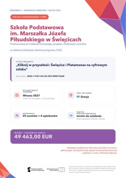 Zdjęcie do komunikatu: Erasmus+ dla Szkoły Podstawowej im. Marszałka Józefa Piłsudskiego w Święcicach